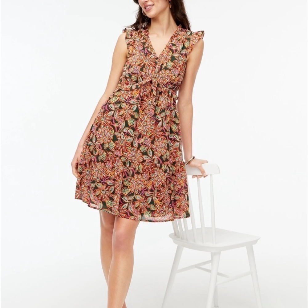 J CREW Factory Dress Ruffle Flounce V Neck Cap Sleeve Vibrant Floral Womens 0